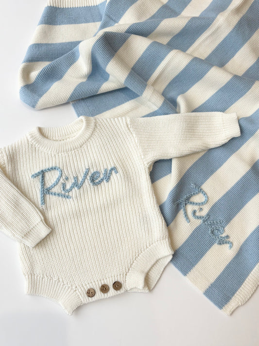 Personalised Blue Striped Baby Blanket