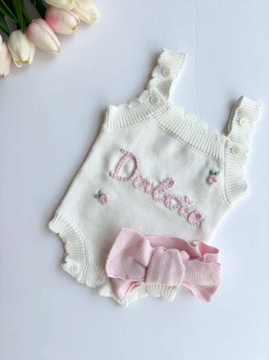 White Scallop Romper - Name and Roses